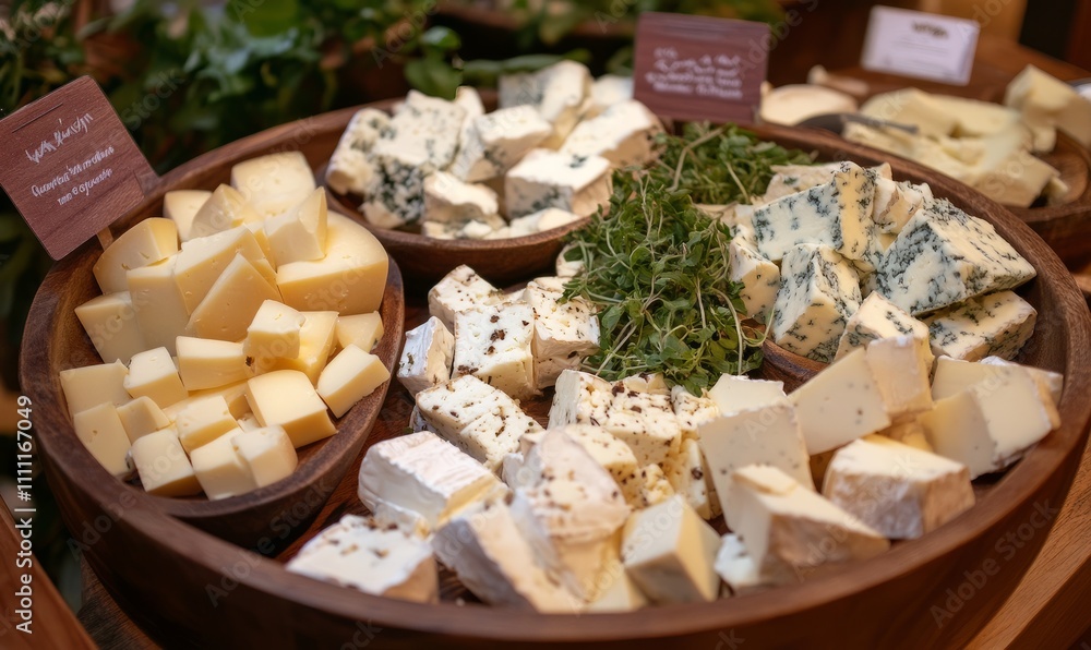 A variety of cheeses displayed in a wooden bowl A variety of cheeses displayed in a wooden bowl