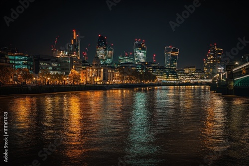 A stunning view of a city skyline at night. The shimmering lights reflect off the water creating a magical atmosphere. Perfect for urban and nightlife themes. Generative AI