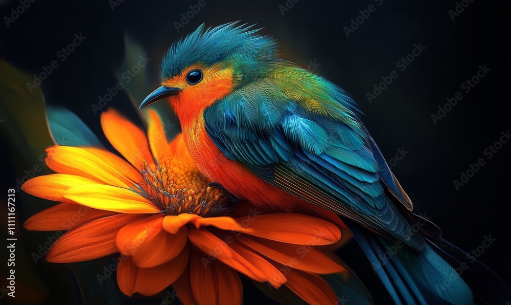 Obraz premium A vibrant and colorful bird perched on an orange flower, displaying a stunning array of blue, green, and orange feathers against a dark background