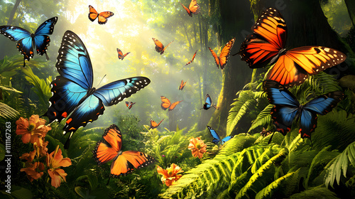 An enchanting rainforest adventure with butterflies elegantly gliding through a lush habitat revealing nature's hidden gems photo