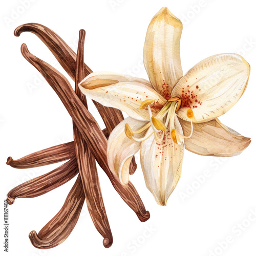 Close-up view watercolor illustration of a vanilla, isolated on a transparent background. PNG element.