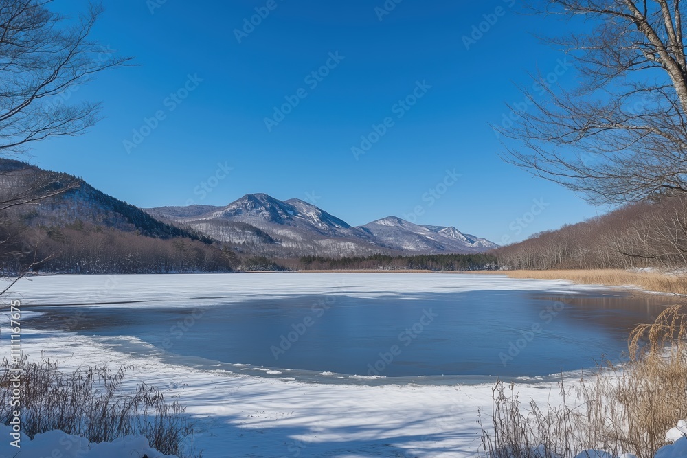 Snowy summits reflected in a frozen lake’s surface Snowy summits reflected in a frozen lake’s surface