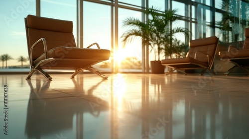 A luxury lounge featuring stylish leather chairs is bathed in warm sunset light coming through large glass windows, creating a cozy and sophisticated atmosphere.