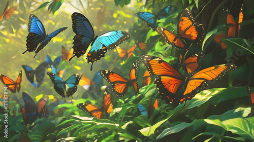 An enchanting rainforest adventure with butterflies elegantly gliding through a lush habitat revealing nature's hidden gems photo