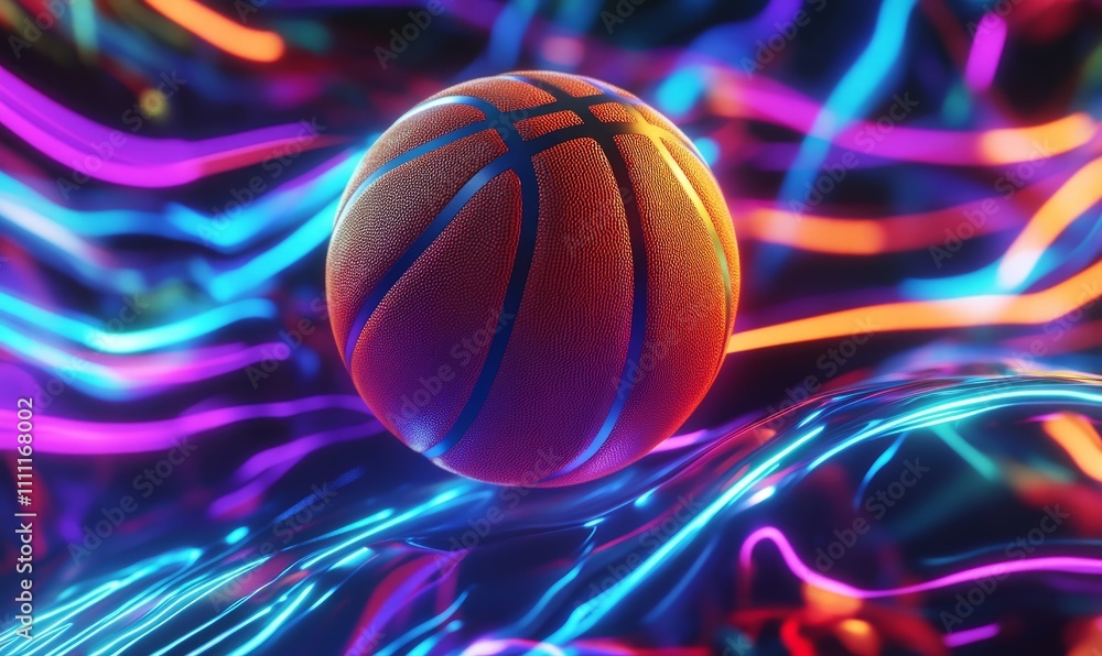 A vibrant basketball floating amidst colorful, glowing lines, creating a dynamic and energetic atmosphere A vibrant basketball floating amidst colorful, glowing lines, creating a dynamic and energetic atmosphere