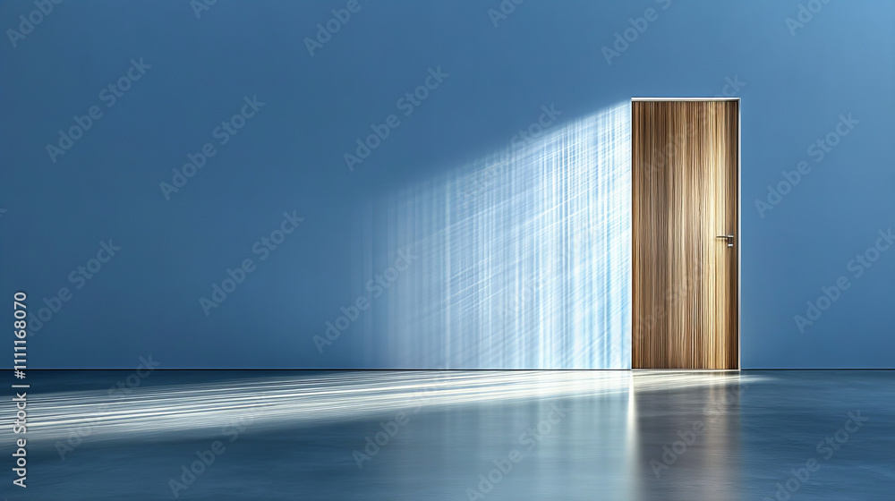 Obraz premium Wooden door slightly open revealing light in a dark, empty room