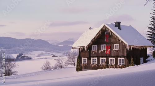 Traditional Bavarian house with wooden beams, festive red ribbons, snow-covered roof, Christmas lights outlining windows, surrounded by snowy fields and distant mountains.