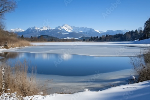 Icy lake surrounded by snow-capped mountains and clear sky