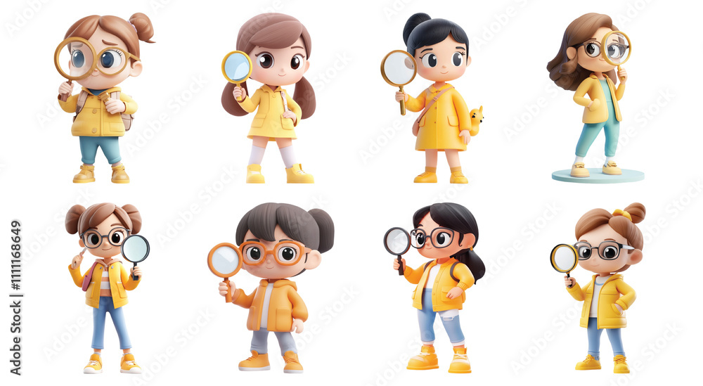Obraz premium Pack Girl holding a magnifier set against transparent background