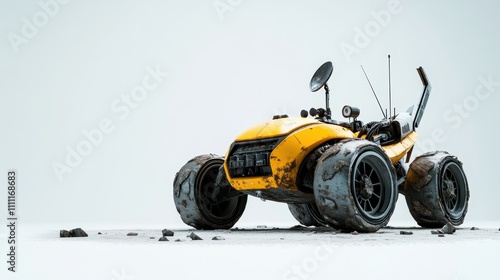 A rugged yellow off-road vehicle with large tires stands on rough, rocky terrain, showcasing its adventurous design and features for exploration and travel.