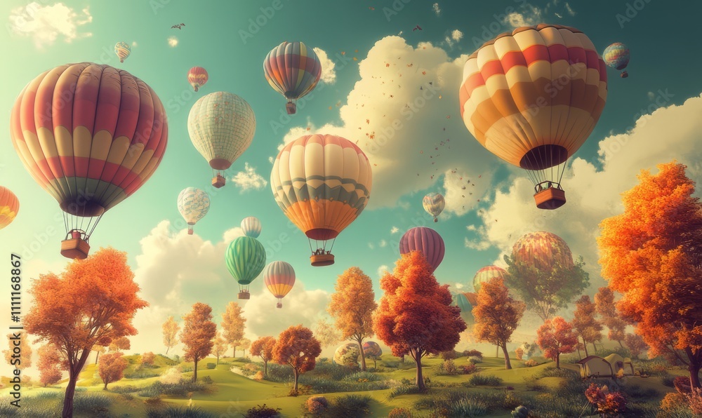 Naklejka premium A whimsical, colorful landscape featuring hot air balloons and stylized trees, capturing a playful and imaginative world.