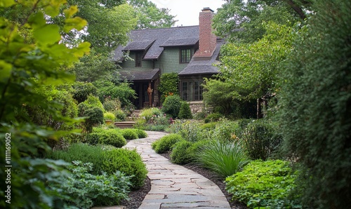 A well-manicured garden with a stone path leading to a traditional house, framed by vibrant green plants and bushes