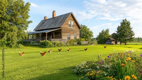Charming Rustic Farmhouse with Lush Green Lawn, Free-Roaming Chickens, Vibrant Blooms, Celebrating the Essence of Idyllic Rural Living