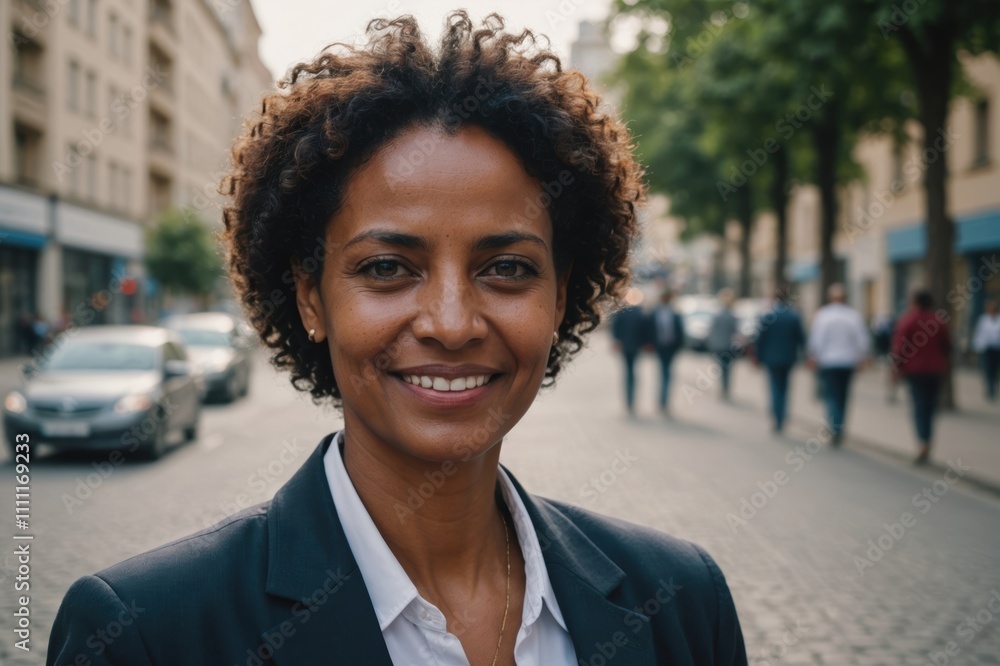 Close portrait of a smiling 40s Eritrean businesswoman looking at the camera, Eritrean big city outdoors blurred background Close portrait of a smiling 40s Eritrean businesswoman looking at the camera, Eritrean big city outdoors blurred background