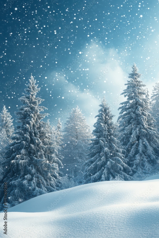 Naklejka premium Snow trees with bokeh lighting in winter on a blurred background