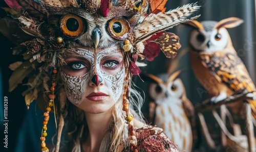 A woman with elaborate face paint and a headdress made of natural elements stands among various whimsical, owl-themed decorations. photo