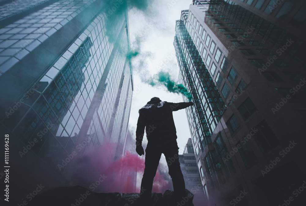Obraz premium Silhouette of a man holding up a smoke grenade looking up at office building in the city streets.
