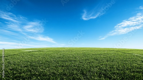 Lush Soccer Field Under Clear Blue Sky, vibrant green grass with marked lines, perfect for sports events, outdoor activities, and team gatherings, inviting atmosphere for competition.