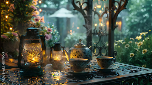 elegant rainy garden terrace, a serene outdoor terrace in the rain, with an open glass door leading to a cozy gazebo with a beautifully set table for two antique lanterns softly illuminate the lush photo