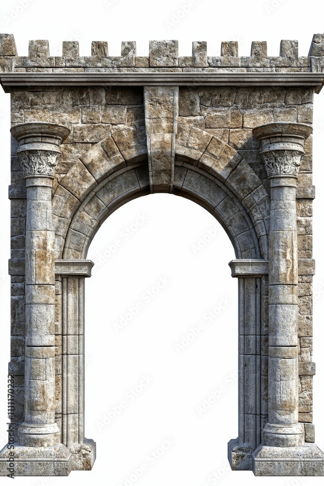 Obraz premium Stone archway, columns, crenellated top, aged appearance.