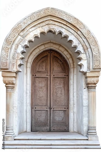 Ornate arched doorway  carved wooden doors  stone columns.