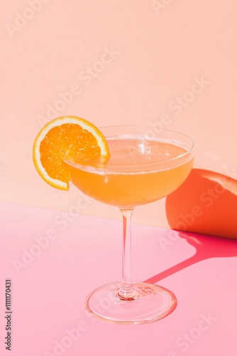 orange sleek cocktail in a coup glass on a pink orange gradient background, vibrant, minimalist photo