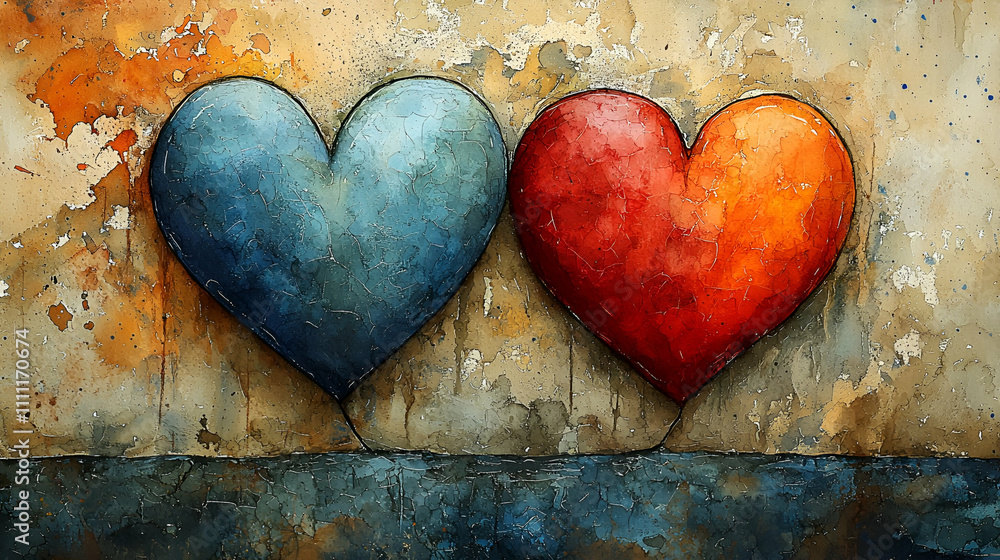 Two artistic hearts in blue and red against a textured, warm-toned background, symbolizing love and connection. Two artistic hearts in blue and red against a textured, warm-toned background, symbolizing love and connection.
