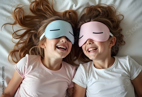 Top view of two girls laughing with eyes closed lying on bed having a sleepover. Girls with fancy sleep masks over the head laughing and having fun during a sleepover.