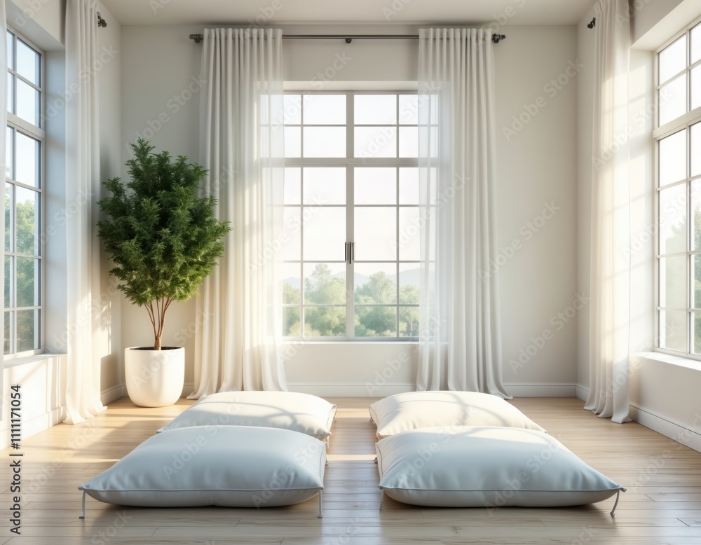 Bright white minimalist living room with large windows tranquil natural view. Soft light fills airy space featuring simple floor cushions for relaxation. Natural light bathes serene room. Plants add Bright white minimalist living room with large windows tranquil natural view. Soft light fills airy space featuring simple floor cushions for relaxation. Natural light bathes serene room. Plants add
