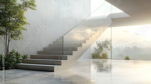 A modern interior featuring minimalist stairs with a glass railing  surrounded by greenery and bathed in soft natural light.