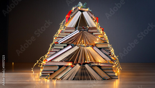 originally decorated Christmas tree made of books and garlands