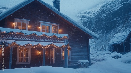 Traditional Norwegian wooden house in the Trollheimen mountains, adorned with festive garlands, snow-covered roof, glowing windows, and snowfall creating a serene winter atmosphere. photo