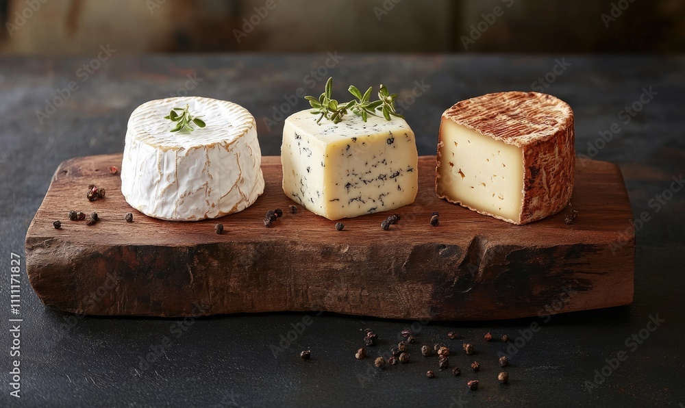A trio of gourmet cheeses displayed on a rustic wooden board A trio of gourmet cheeses displayed on a rustic wooden board