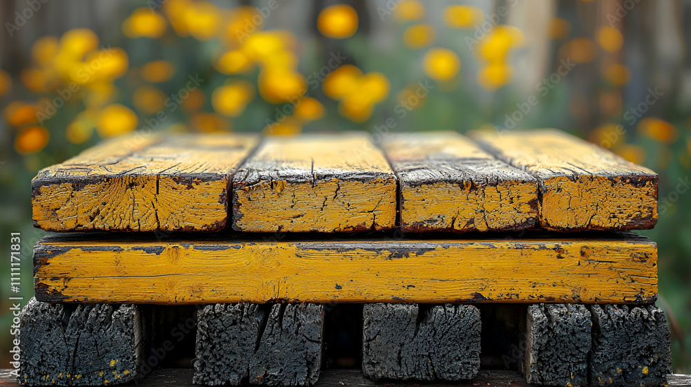 Obraz premium A close-up view of a rustic, yellow-painted wooden pallet set against a backdrop of vibrant flowers.