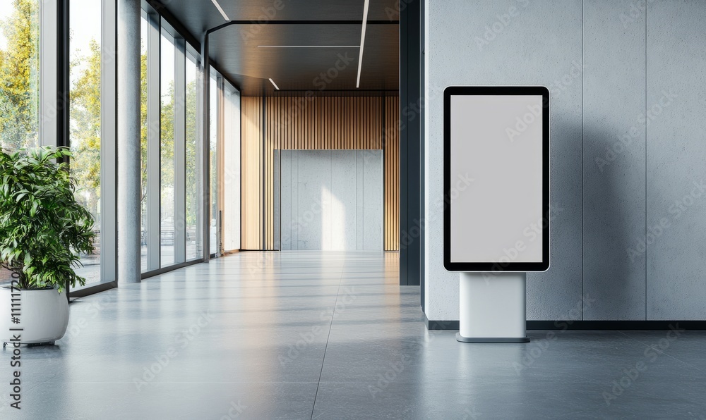 Blank smart kiosk mockup standing in a modern office building. Empty template of touch screen, self-service in modern hallway Blank smart kiosk mockup standing in a modern office building. Empty template of touch screen, self-service in modern hallway