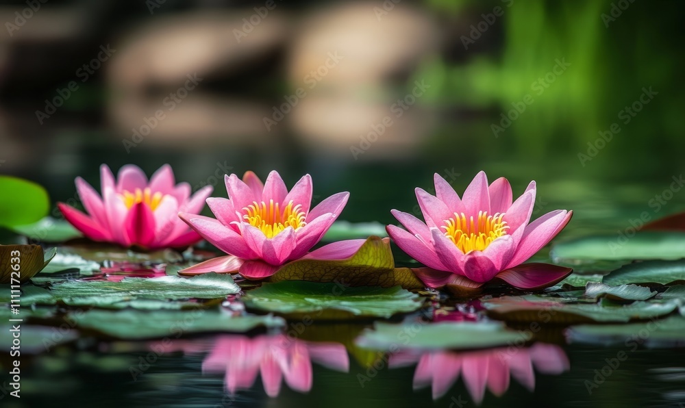 Bright pink water lilies float gracefully on a still pond, with their vibrant yellow centers surrounded by lush green lily pads Bright pink water lilies float gracefully on a still pond, with their vibrant yellow centers surrounded by lush green lily pads