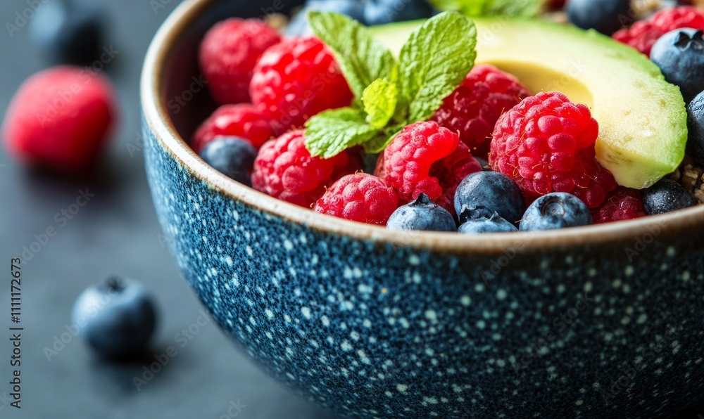A vibrant healthy bowl with fresh raspberries, blueberries, avocado, and grains A vibrant healthy bowl with fresh raspberries, blueberries, avocado, and grains