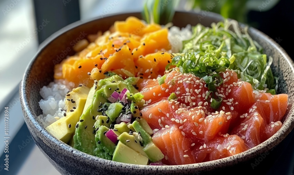 A vibrant poke bowl with fresh salmon, avocado, rice, and colorful toppings, garnished with sesame seeds A vibrant poke bowl with fresh salmon, avocado, rice, and colorful toppings, garnished with sesame seeds