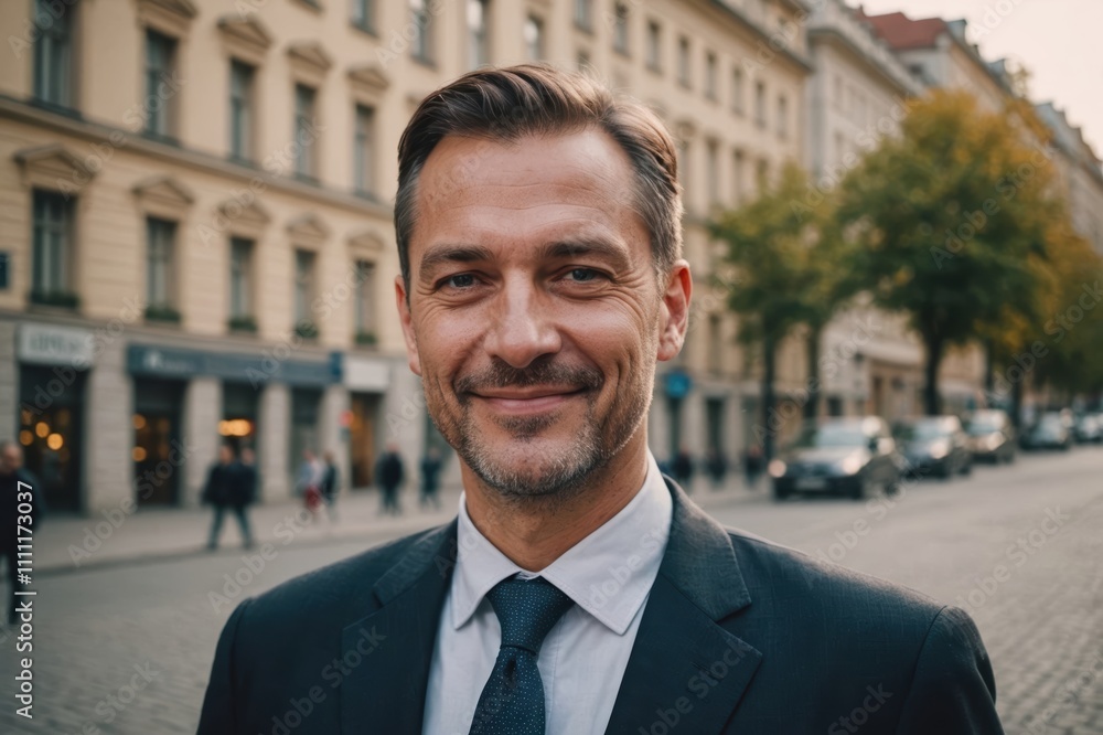 Close portrait of a smiling 40s Hungarian businessman looking at the camera, Hungarian big city outdoors blurred background Close portrait of a smiling 40s Hungarian businessman looking at the camera, Hungarian big city outdoors blurred background
