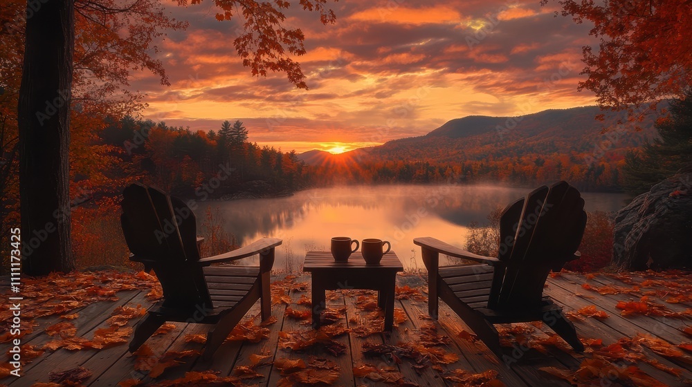 Fototapeta premium Peaceful Morning in Adirondacks with Chairs and Coffee
