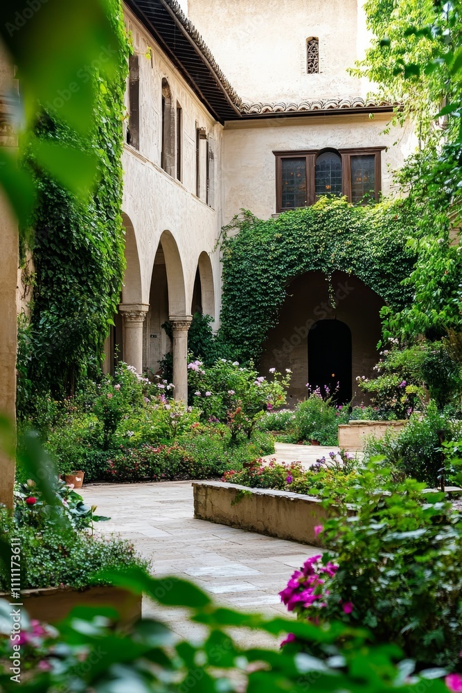 Fototapeta premium Stone courtyard, lush greenery, arched passage, flowering plants.