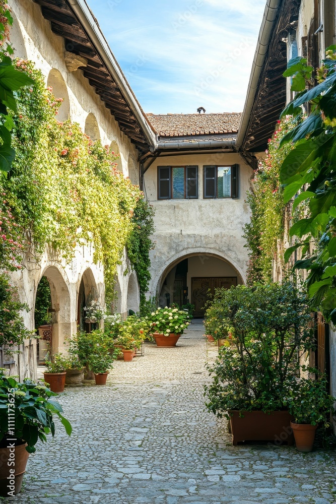 Stone courtyard, flowering vines, potted plants, arched walls.