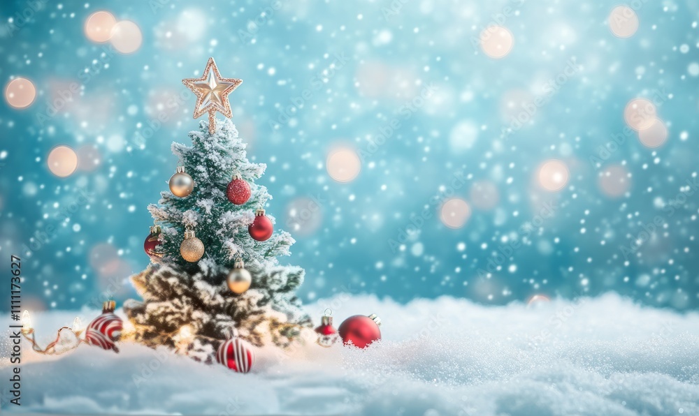 Obraz premium Christmas background featuring a snowy landscape with ample space for decorations, including a Christmas tree and a soft blue blurred ambiance