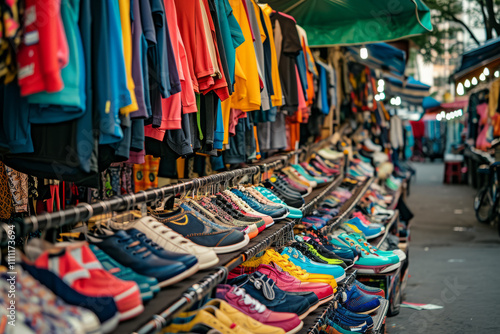 Used clothes in secondary market, thrift store, flea market, garage sale, charity shop. Second life of clothes, bags and shoes. Zero waste, sustainable lifestyle