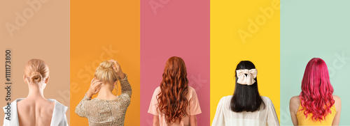 Fényképezés Set of beautiful young women with different hairdos on color background, back vi