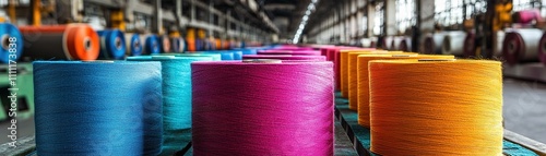 Colorful threads in a textile factory textile production industrial setting vibrant colors contemporary environment overview perspective
