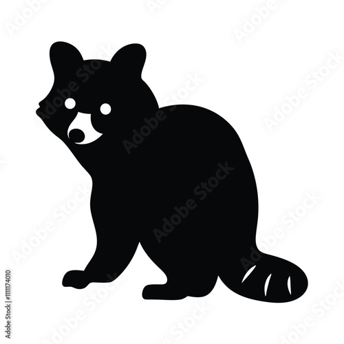 A black and white drawing of a raccoon. The raccoon is sitting on its haunches