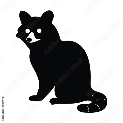 A black and white drawing of a raccoon. The raccoon is sitting on its haunches