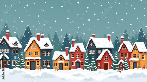 Illustration of a winter city with fairy-tale houses and snow, ideal for a Christmas card. Background design for New Year's postcards. 