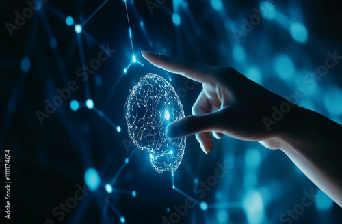 Digital representation of a human brain being touched by a hand in futuristic data visualization photo